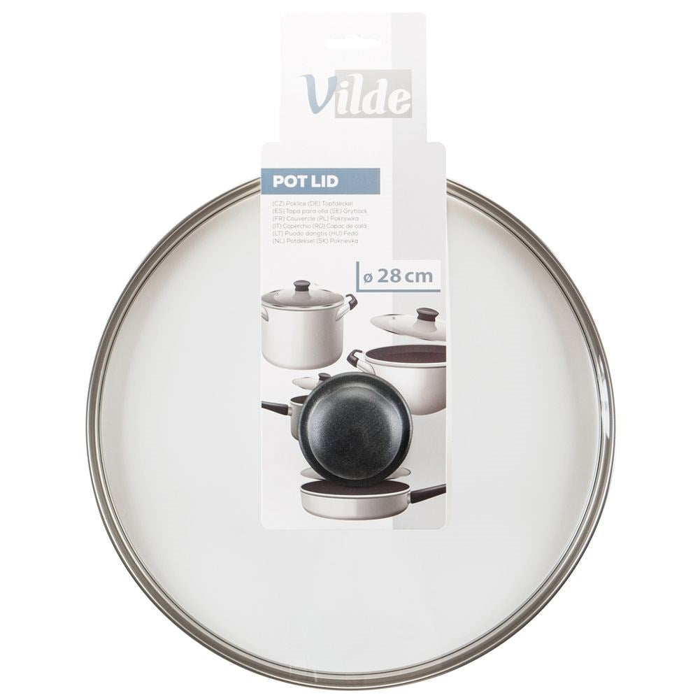 Glass lid with steel edge, plastic grip and steam outlet