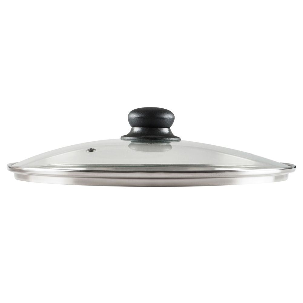 Glass lid with steel edge, plastic grip and steam outlet