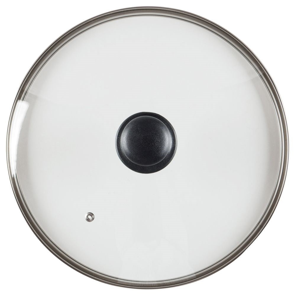Glass lid with steel edge, plastic grip and steam outlet