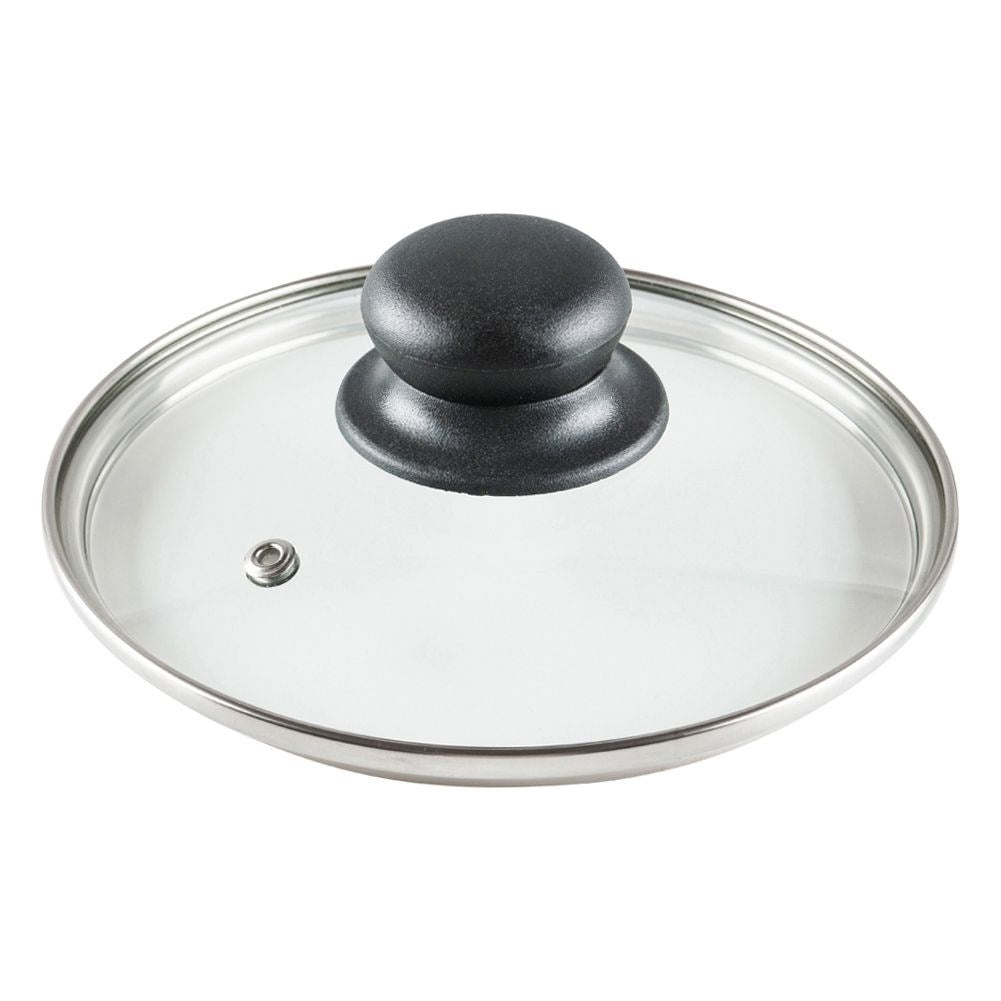 Glass lid with steel edge, plastic handle and steam outlet