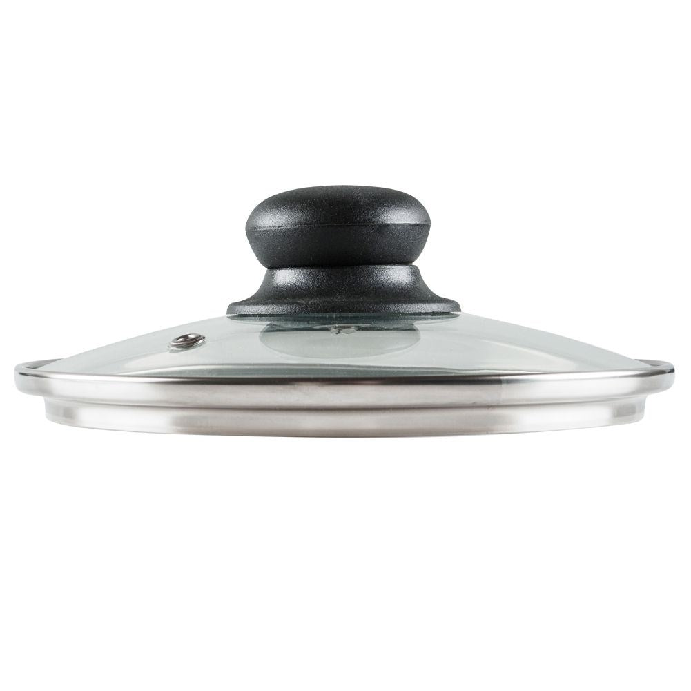 Glass lid with steel edge, plastic handle and steam outlet