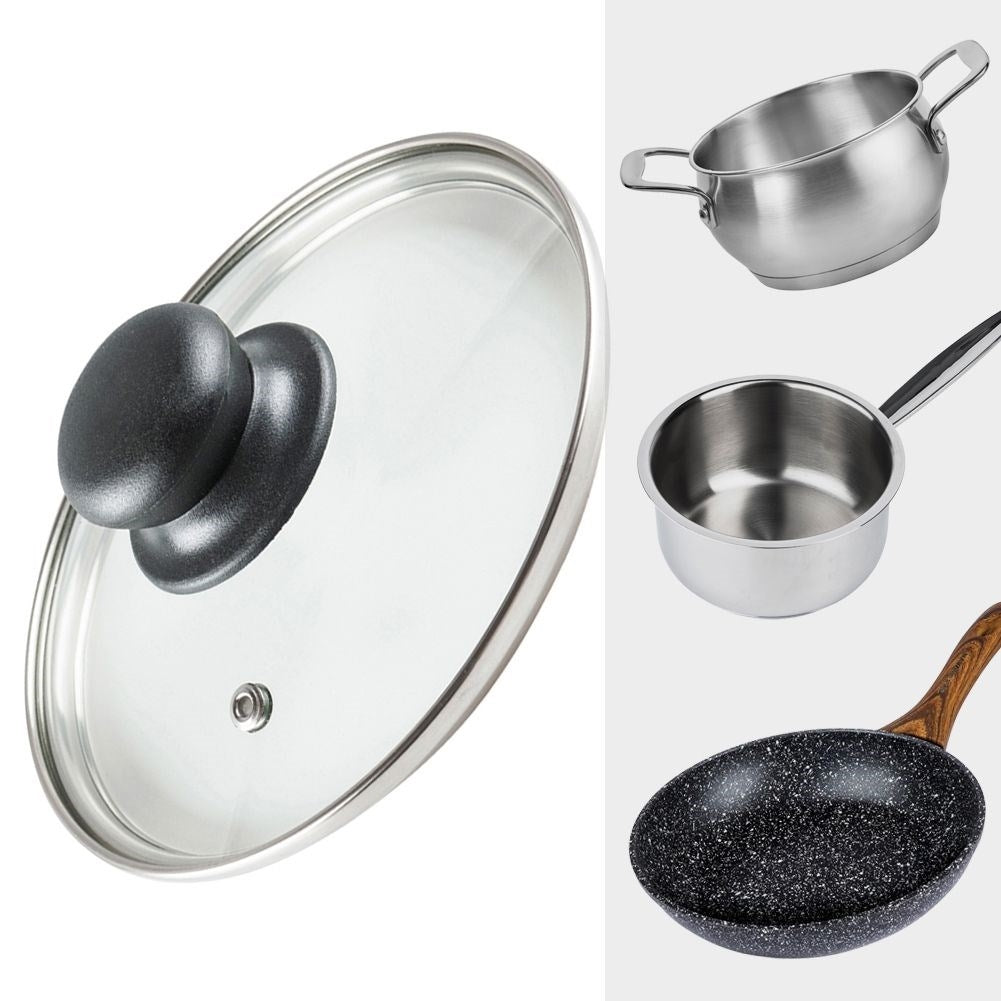 Glass lid with steel edge, plastic handle and steam outlet