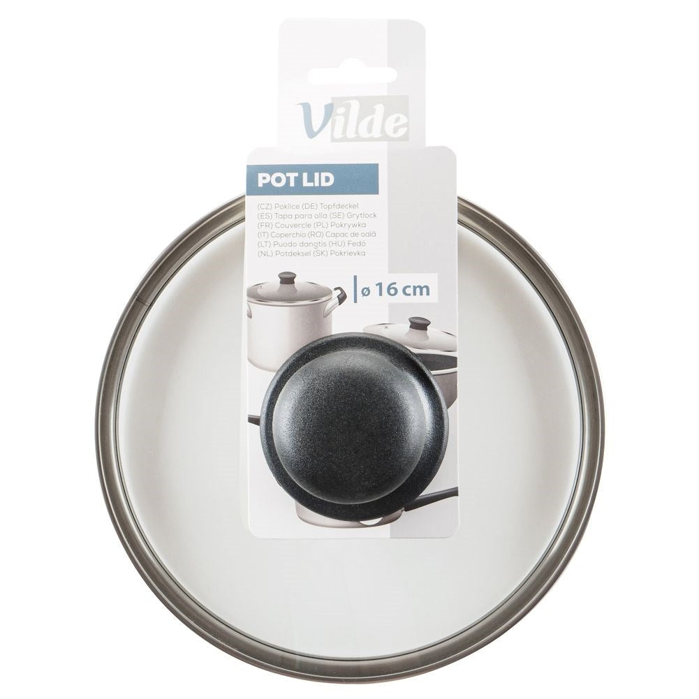 Glass lid with steel edge, plastic handle and steam outlet