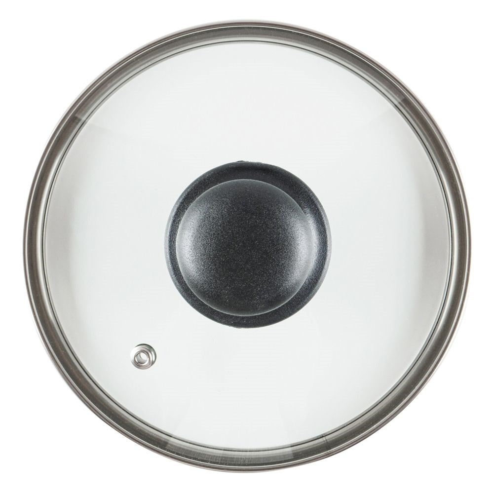 Glass lid with steel edge, plastic handle and steam outlet