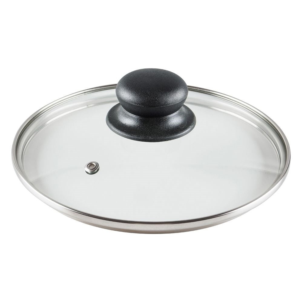 Glass lid with steel edge, plastic handle and steam valve