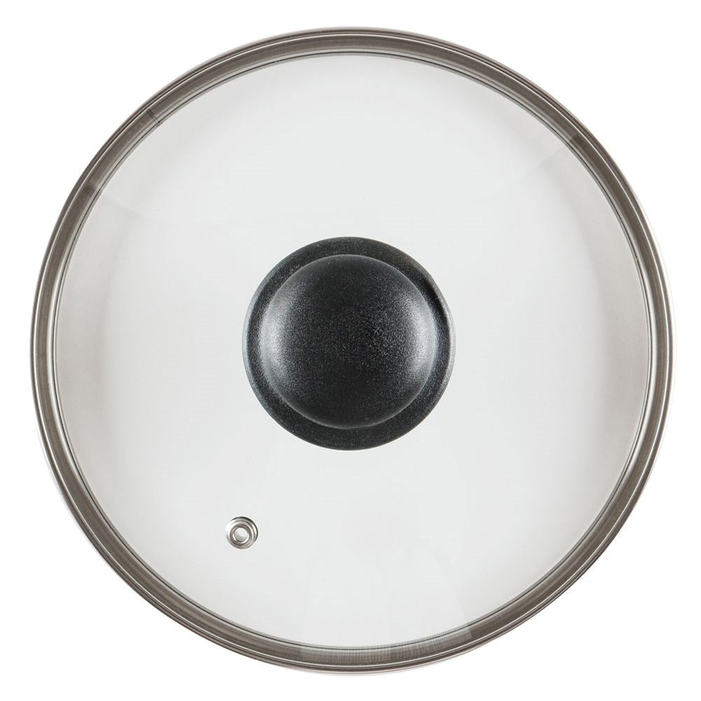 Glass lid with steel edge, plastic handle and steam valve