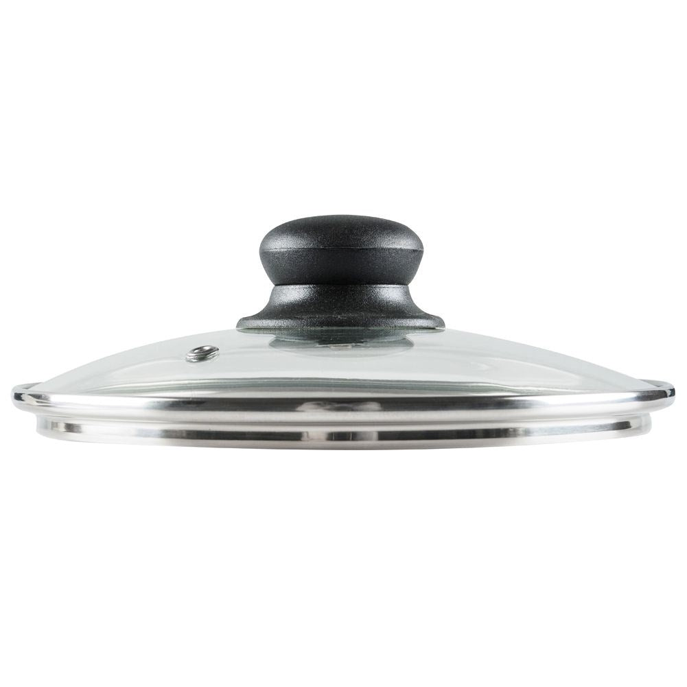 Glass lid with steel edge, plastic handle and steam valve