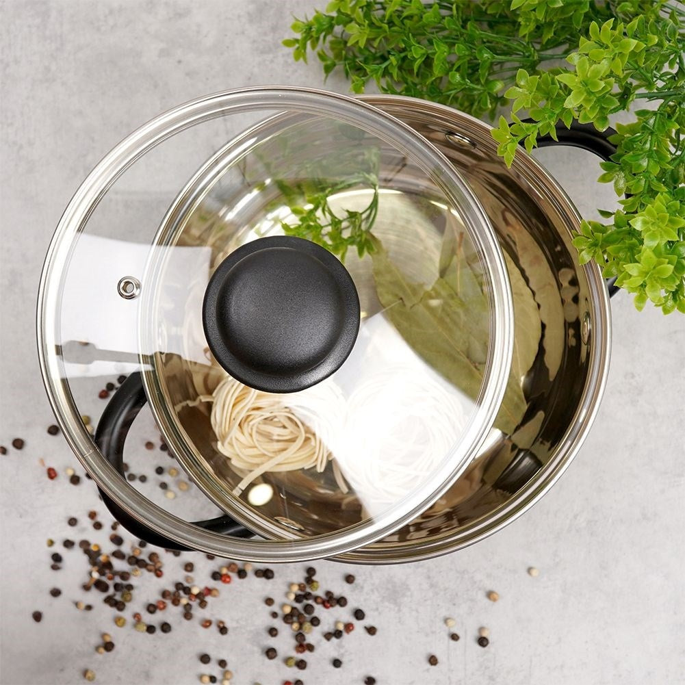 Glass lid with steel edge, plastic handle and steam valve