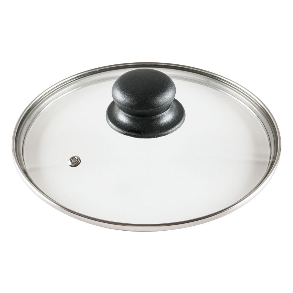 Glass lid with steel edge, plastic handle & steam valve
