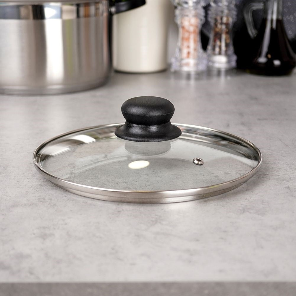 Glass lid with steel edge, plastic handle & steam valve