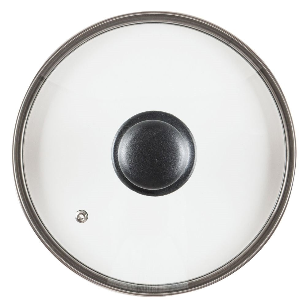 Glass lid with steel edge, plastic handle & steam valve