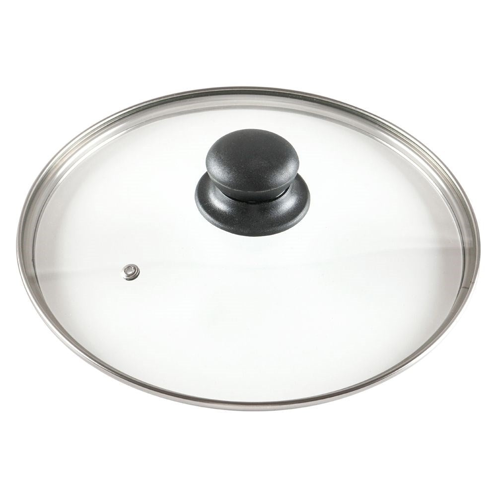 Glass lid with steel frame, plastic handle and steam opening