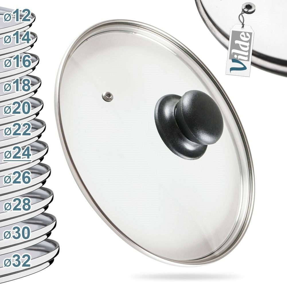Glass lid with steel frame, plastic handle and steam opening