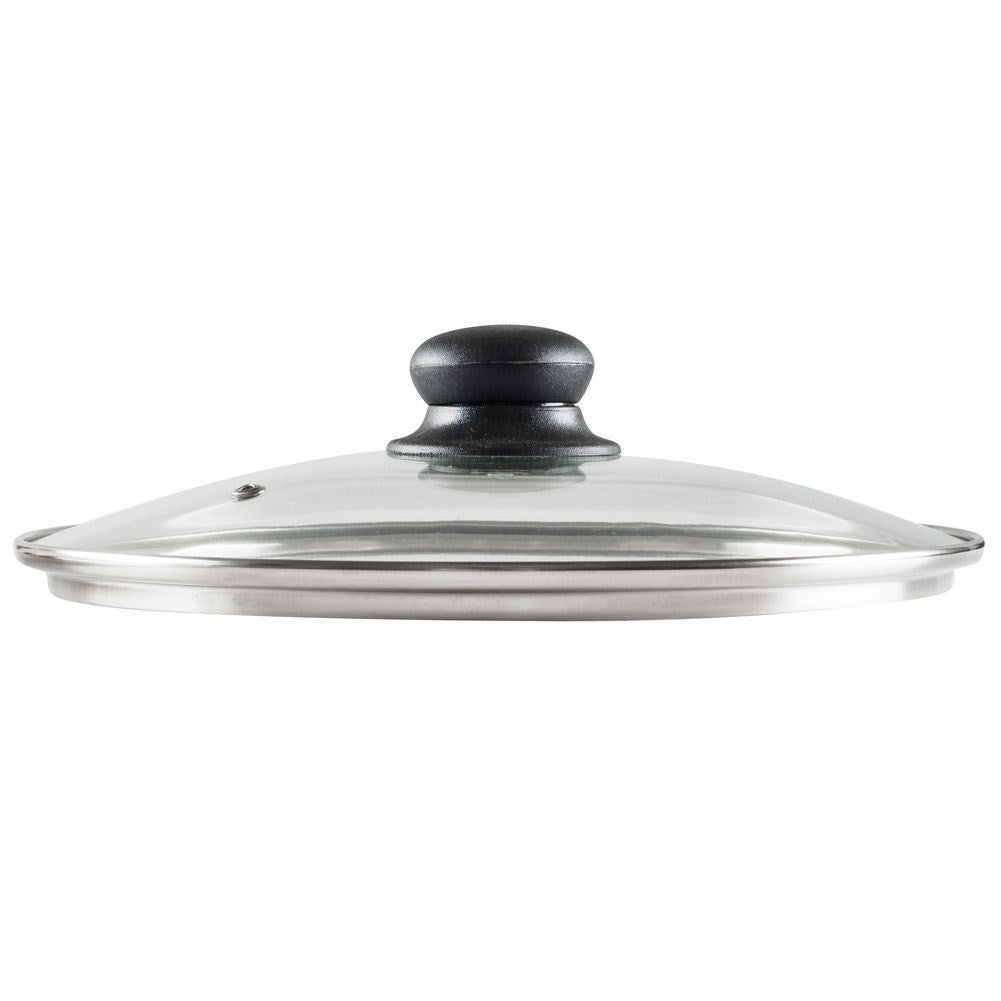 Glass lid with steel frame, plastic handle and steam opening