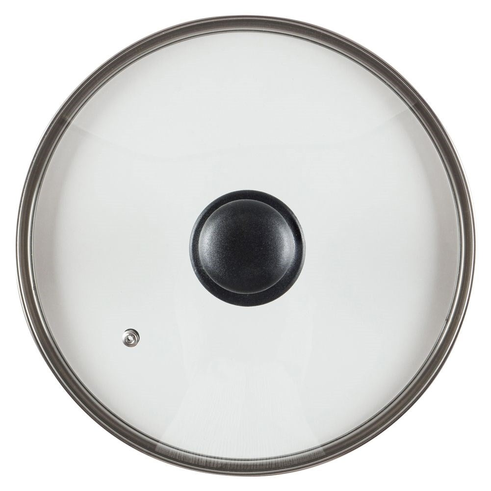 Glass lid with steel frame, plastic handle and steam opening