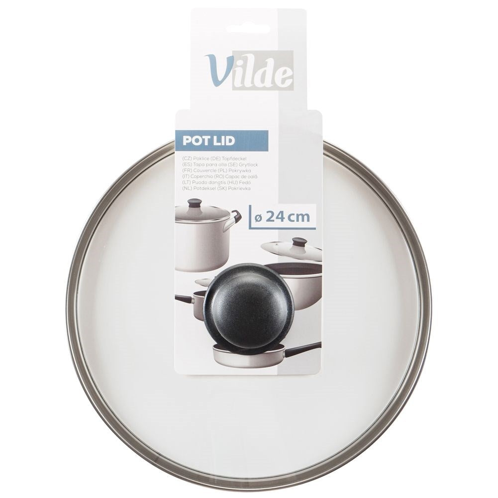 Glass lid with steel frame, plastic handle and steam opening