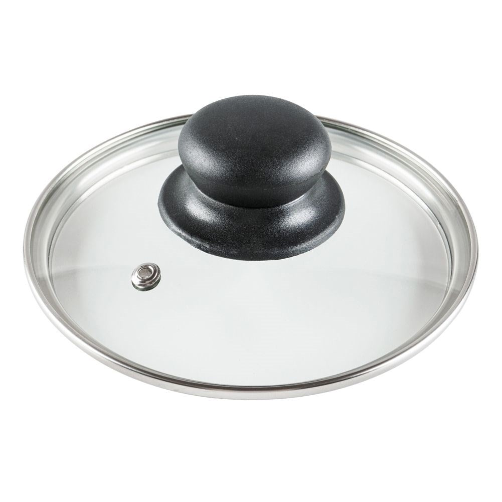Glass lid with steel frame, plastic handle and steam valve