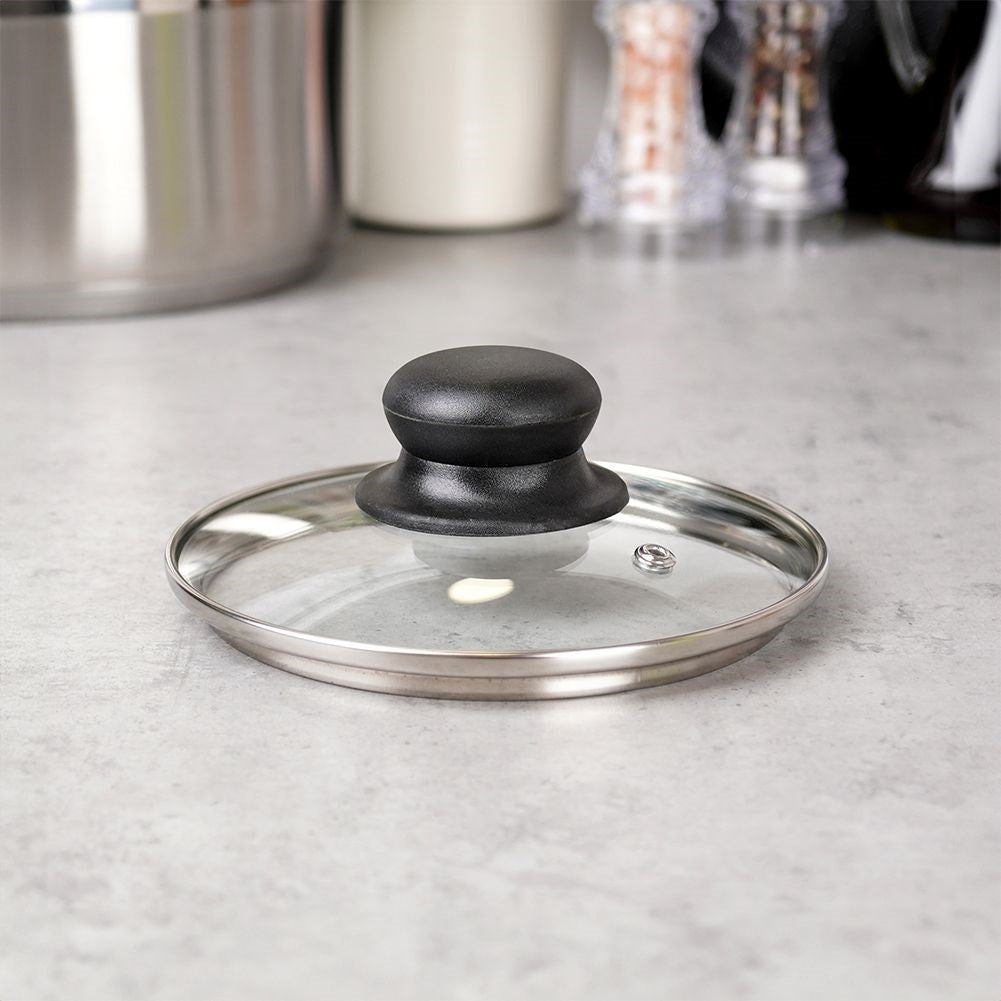 Glass lid with steel frame, plastic handle and steam valve