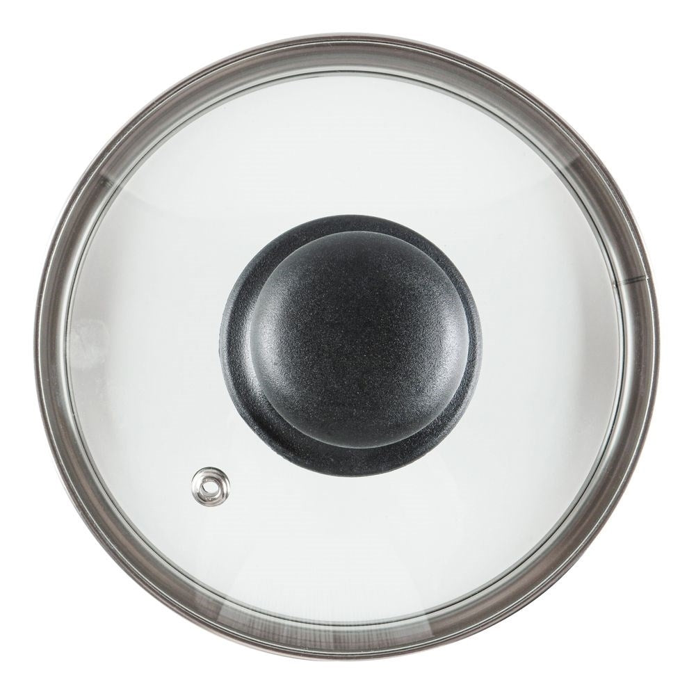 Glass lid with steel frame, plastic handle and steam valve