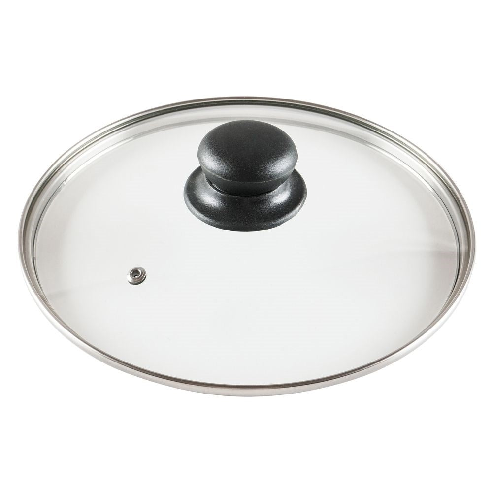 Glass lid with steel rim and plastic handle, steam valve