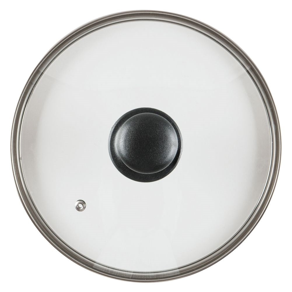 Glass lid with steel rim and plastic handle, steam valve