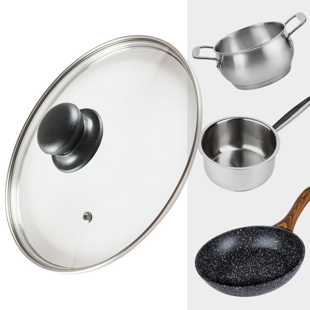 Glass lid with steel rim and plastic handle, steam valve