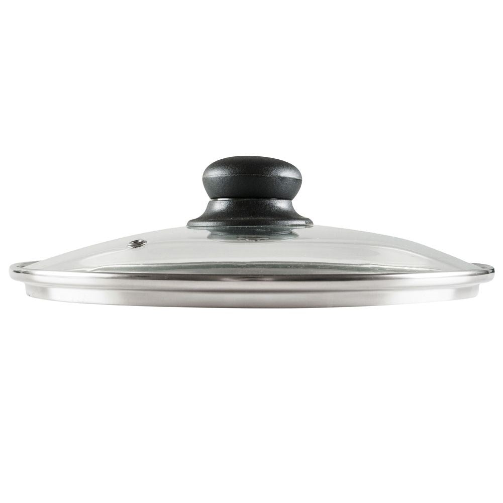 Glass lid with steel rim and plastic handle, steam valve