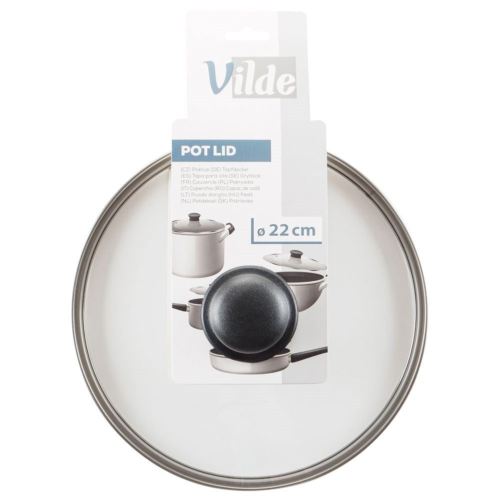 Glass lid with steel rim and plastic handle, steam valve