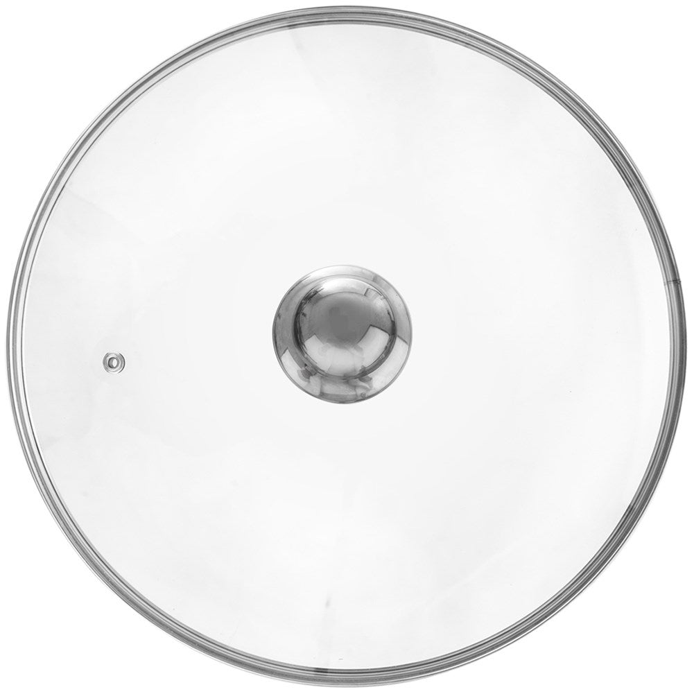 Glass lid with steel rim and steam outletThis high-quality glass lid is heat-resistant and has a steel rim and a raised design. Equipped with a special ventilation hole that releases excess steam, making it perfect for all types of cooking.