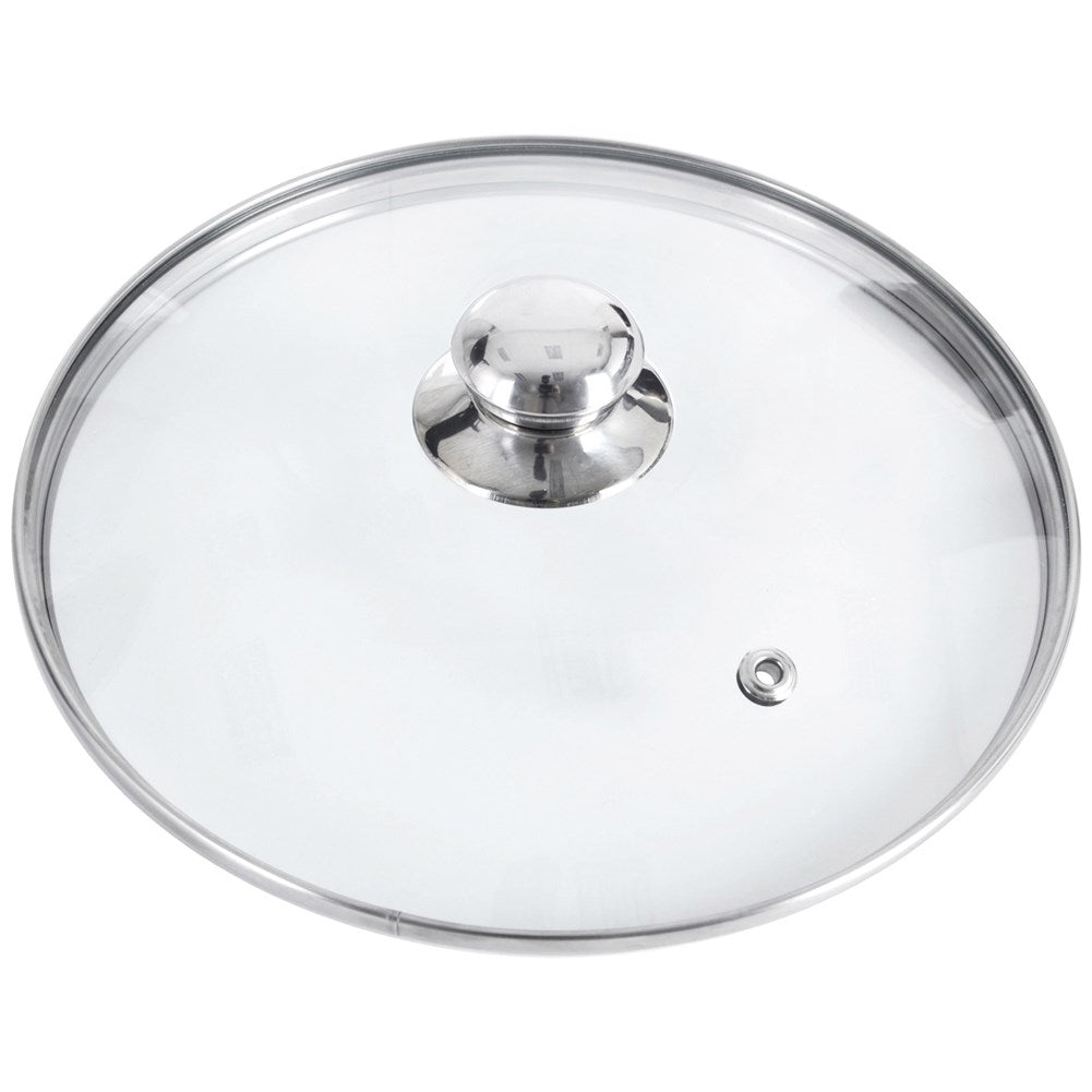 Glass lid with steel rim and steam outletThis high-quality glass lid is heat-resistant and has a steel rim and a raised design. Equipped with a special ventilation hole that releases excess steam, making it perfect for all types of cooking.