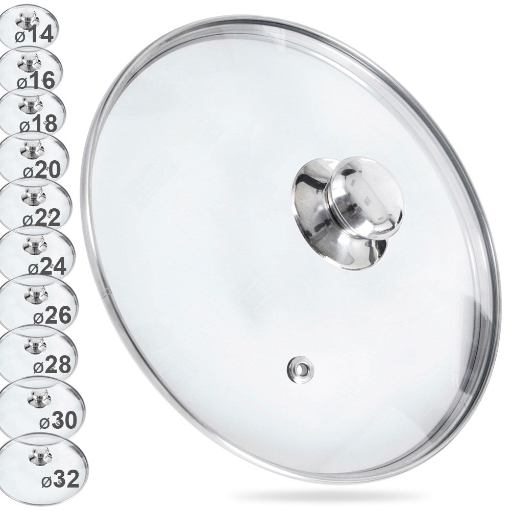 Glass lid with steel rim and steam outletThis high-quality glass lid is heat-resistant and has a steel rim and a raised design. Equipped with a special ventilation hole that releases excess steam, making it perfect for all types of cooking.