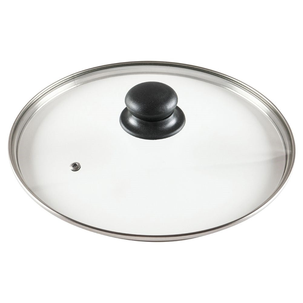Glass lid with steel rim and steam vent, plastic comfortable handle