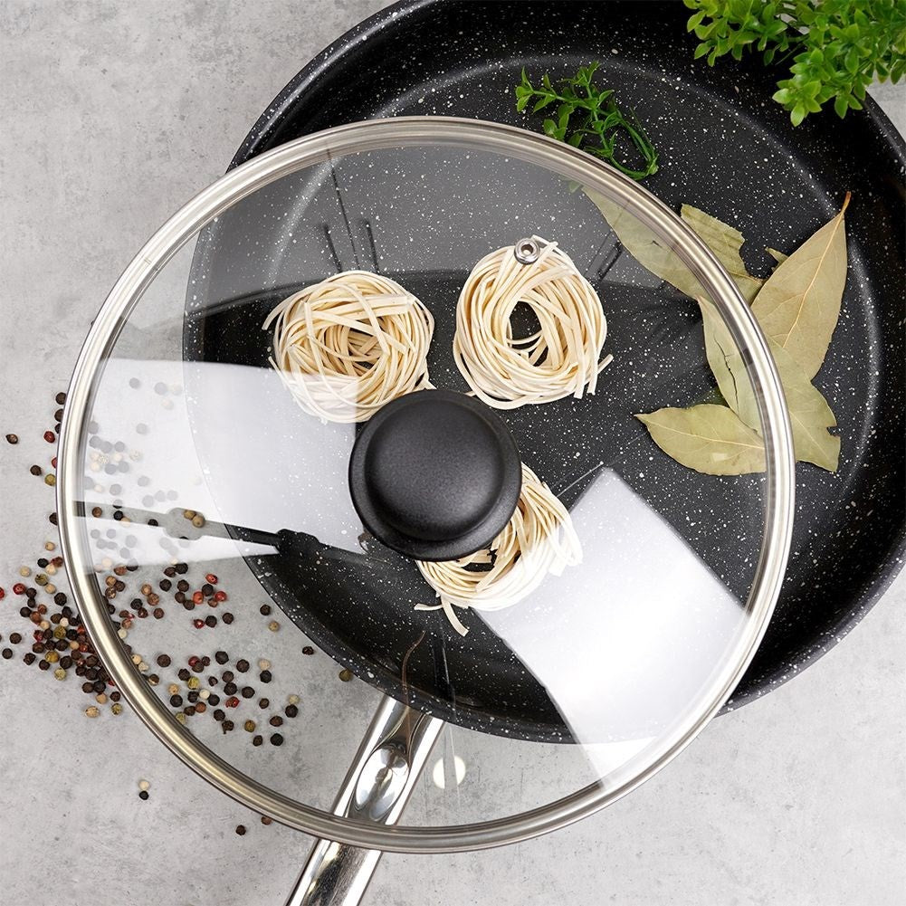 Glass lid with steel rim and steam vent, plastic comfortable handle