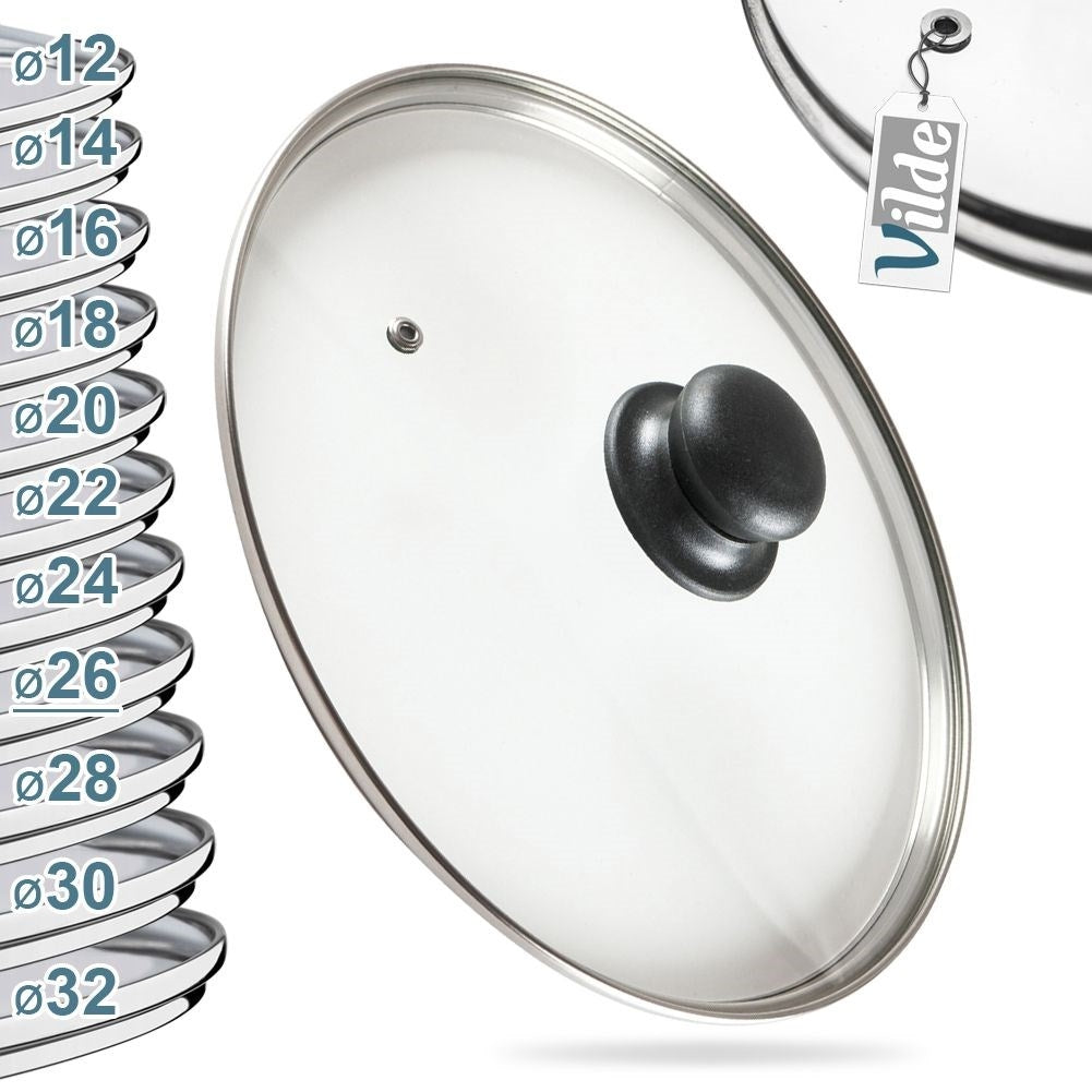 Glass lid with steel rim and steam vent, plastic comfortable handle