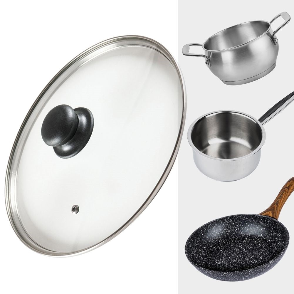 Glass lid with steel rim and steam vent, plastic comfortable handle
