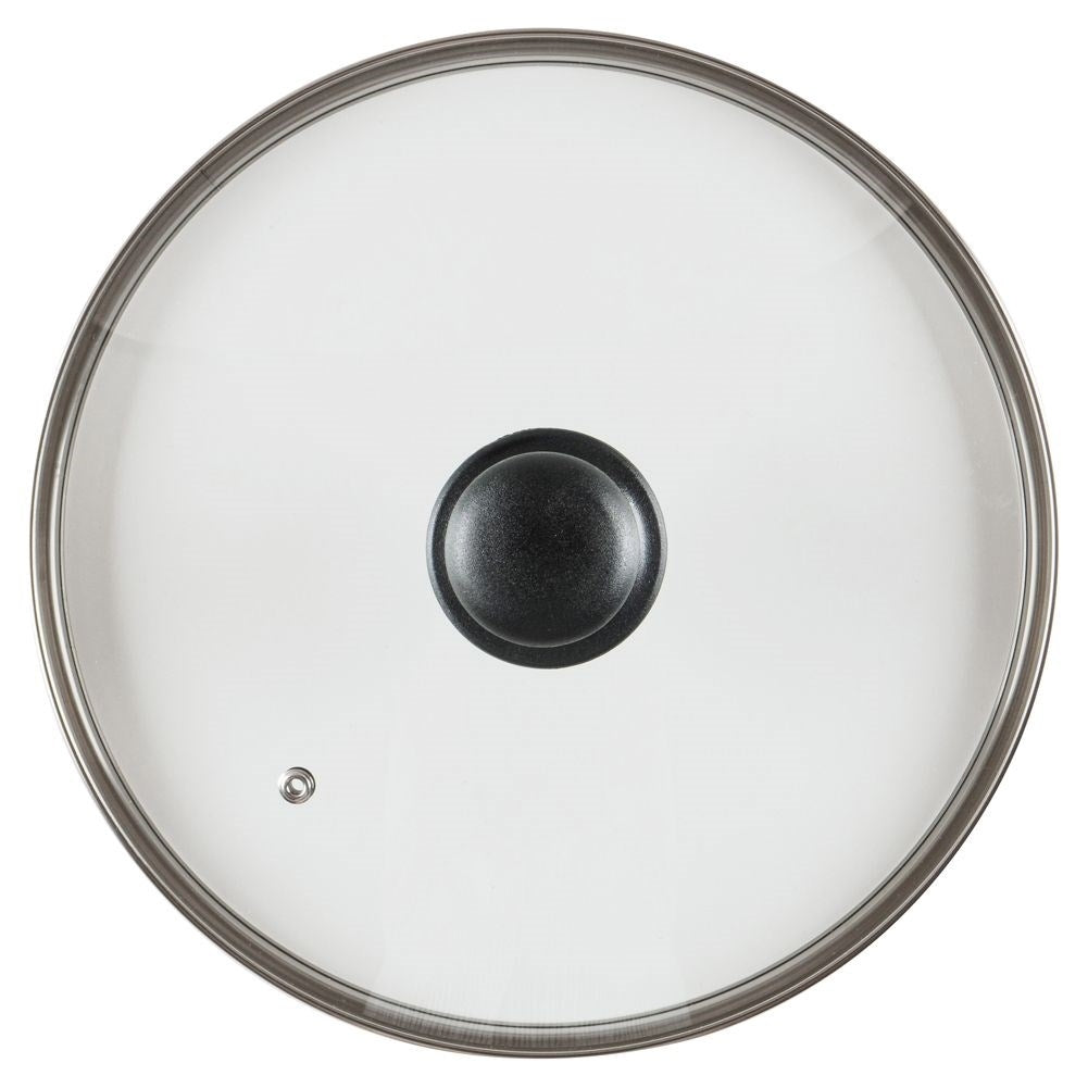 Glass lid with steel rim and steam vent, plastic comfortable handle