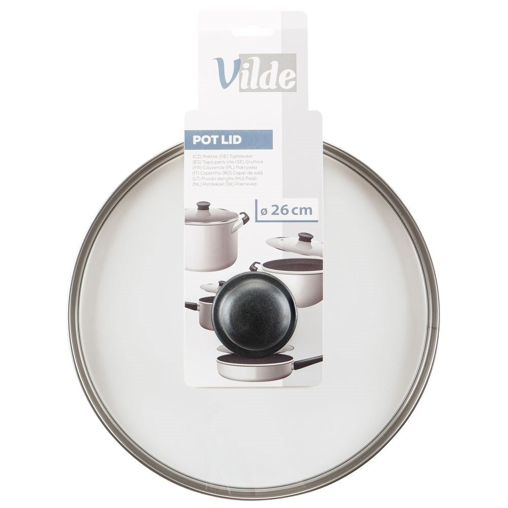 Glass lid with steel rim and steam vent, plastic comfortable handle