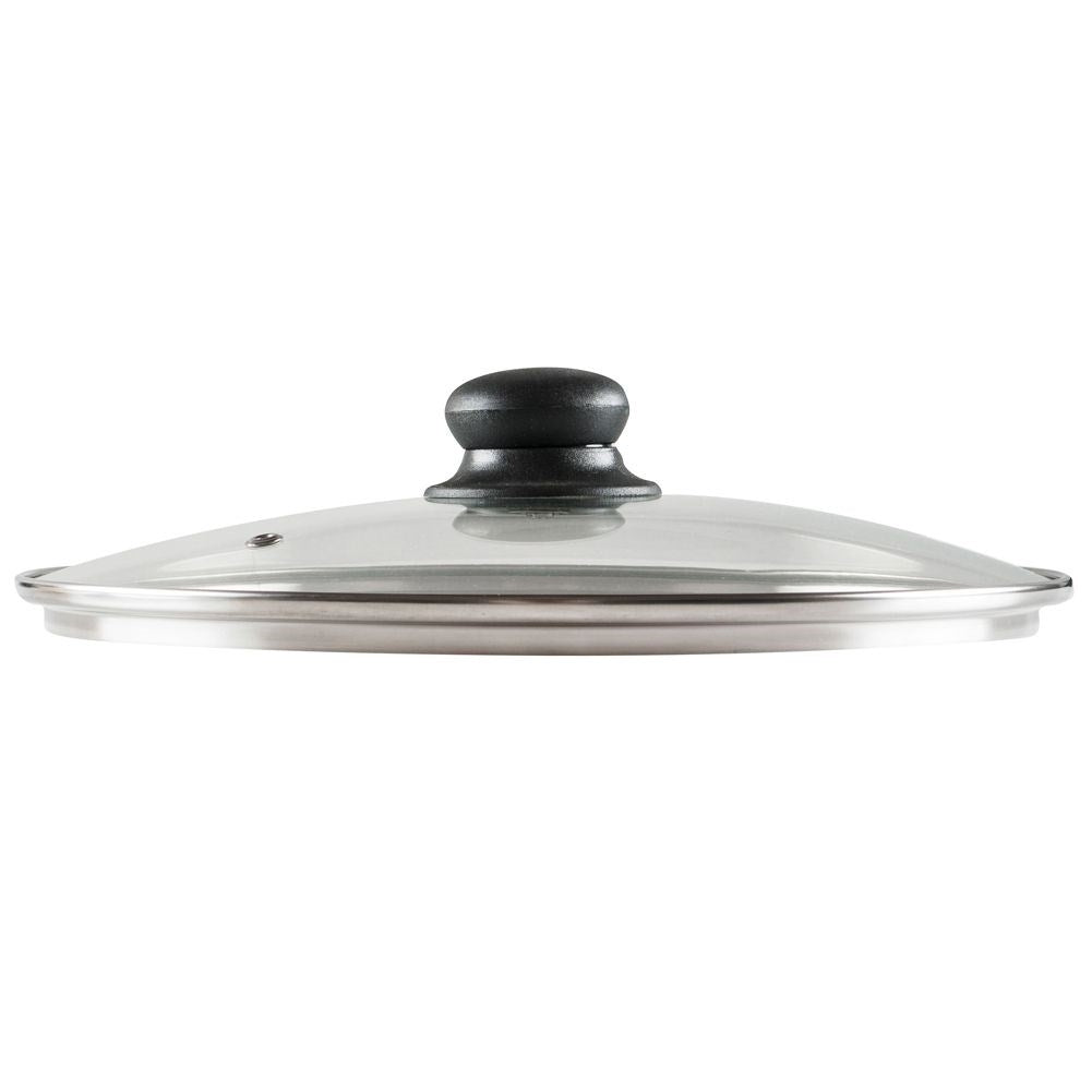 Glass lid with steel rim and steam vent, plastic comfortable handle
