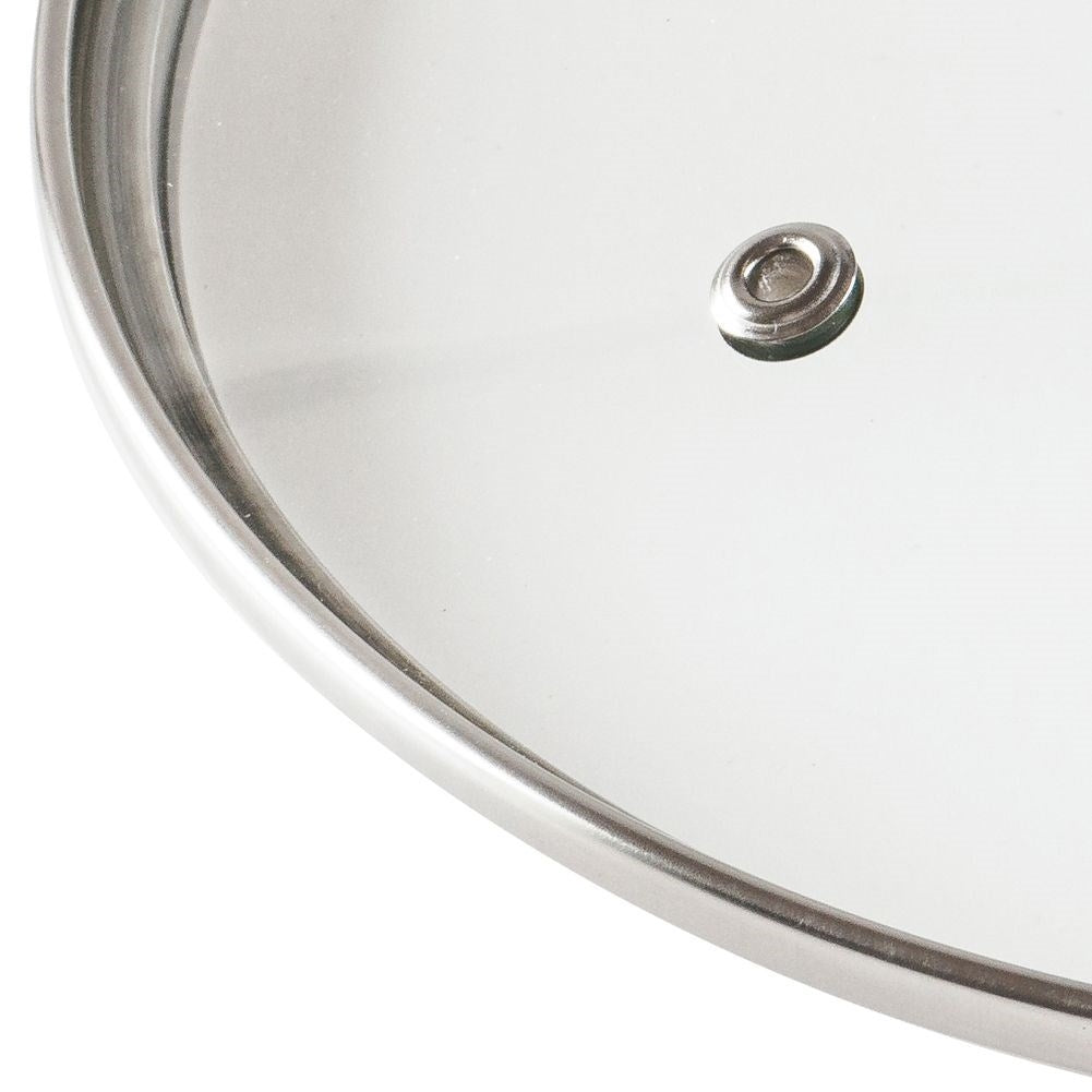 Glass lid with steel rim and steam vent, plastic comfortable handle