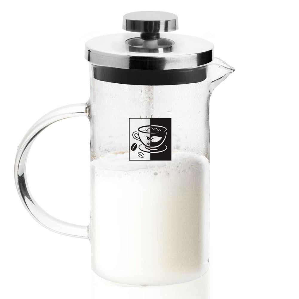 Glass maker with jug and strainer for coffee, tea and skimmed milk