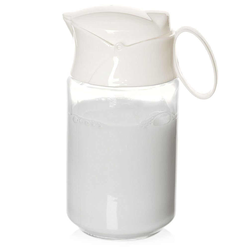 Glass milk jug with handle and spring lid for precise measurement