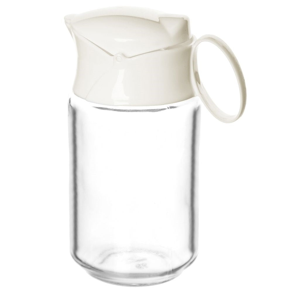 Glass milk jug with handle and spring lid for precise measurement