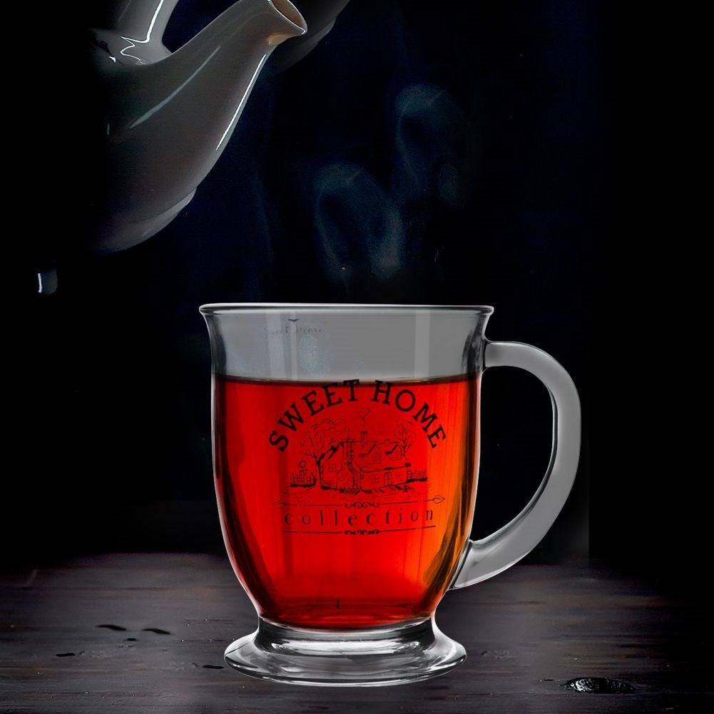 Glass mug with handle and Sweet Home design