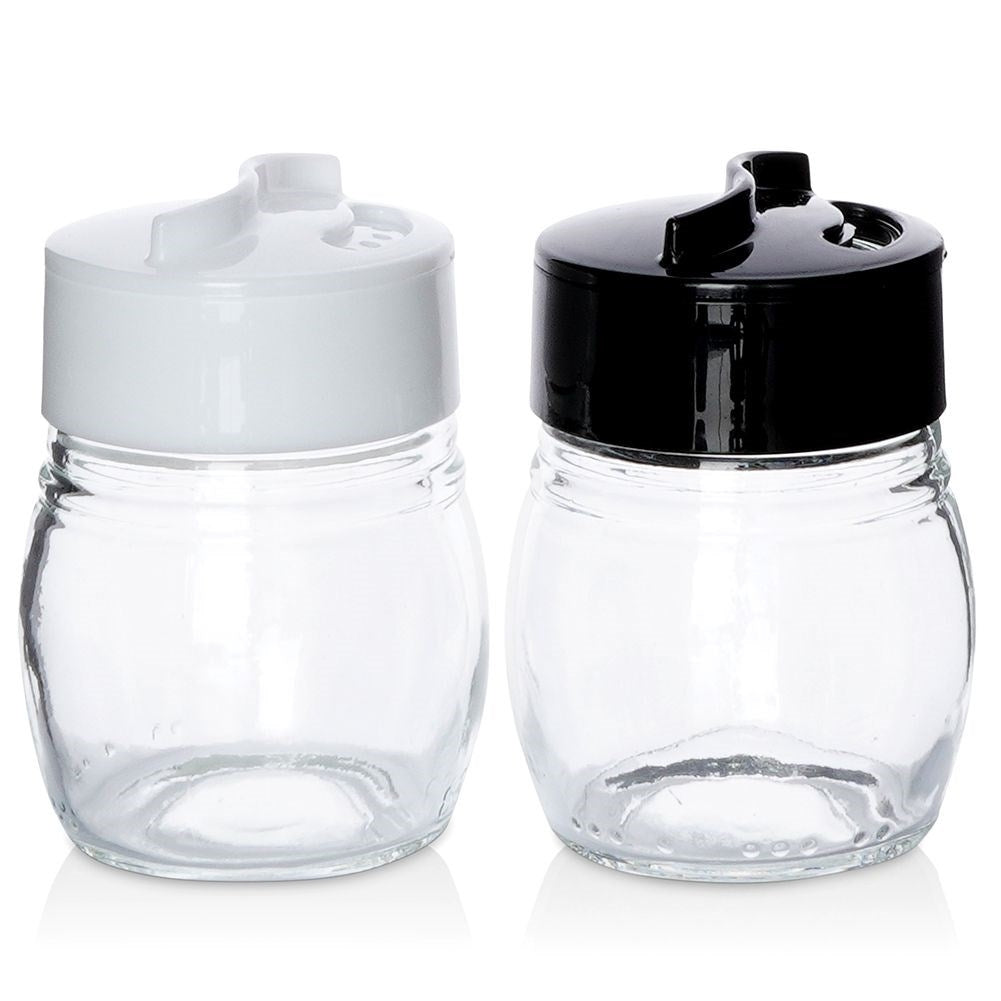 Glass salt and pepper shakers with adjustable openings