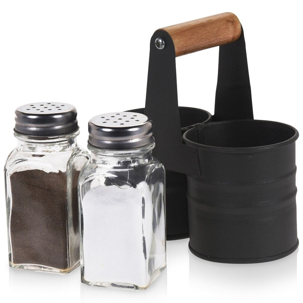 Glass salt and pepper shakers with metal stand and handle