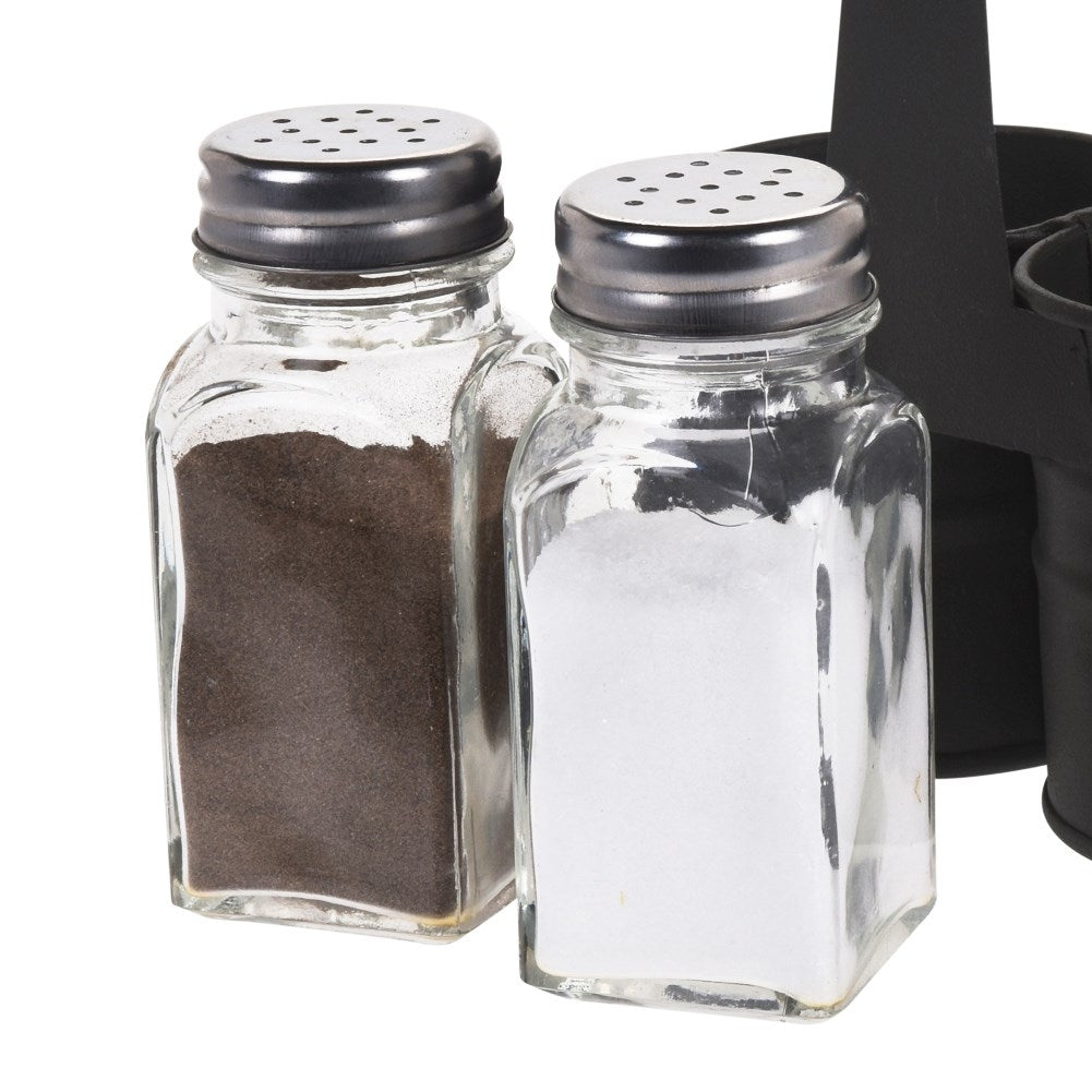 Glass salt and pepper shakers with metal stand and handle