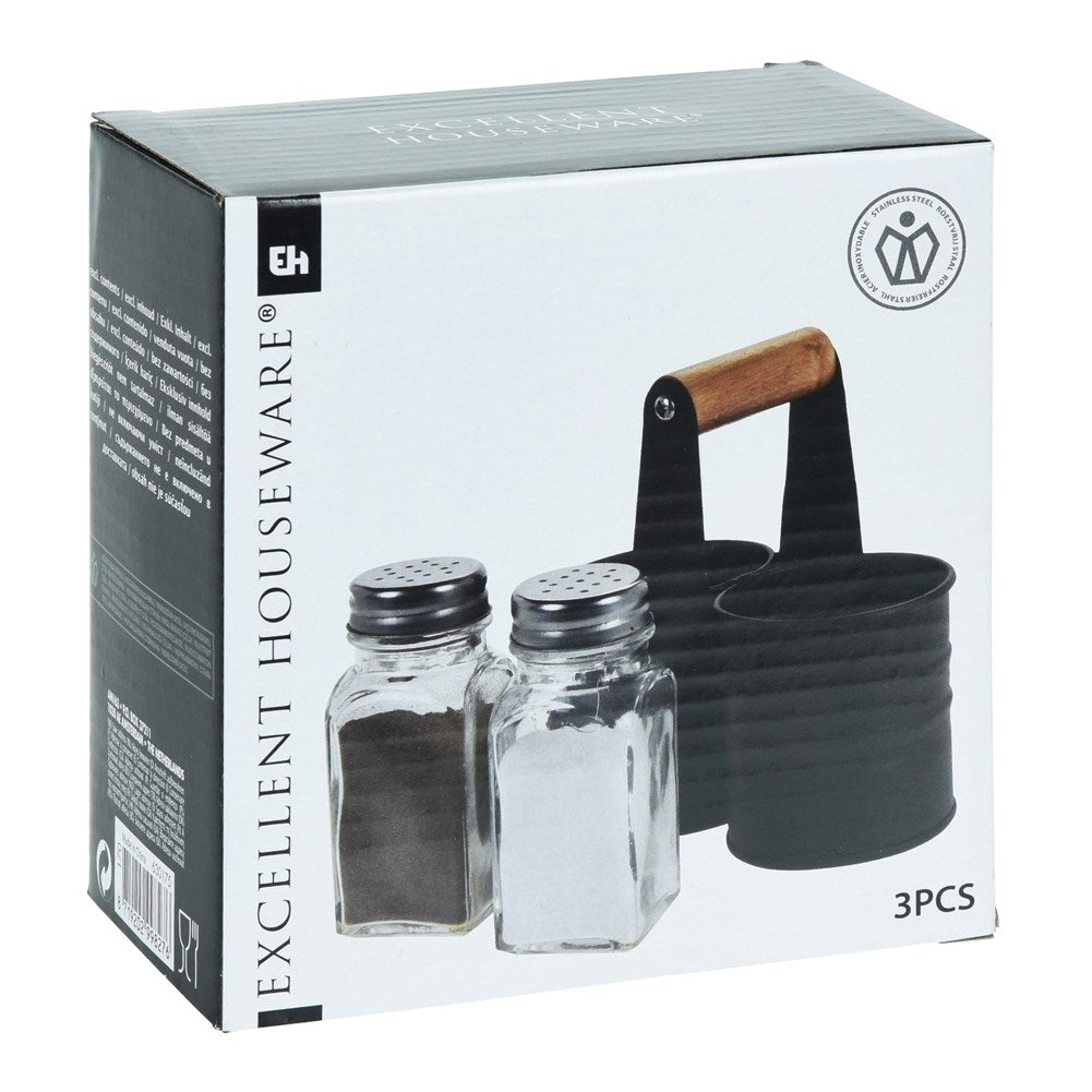 Glass salt and pepper shakers with metal stand and handle
