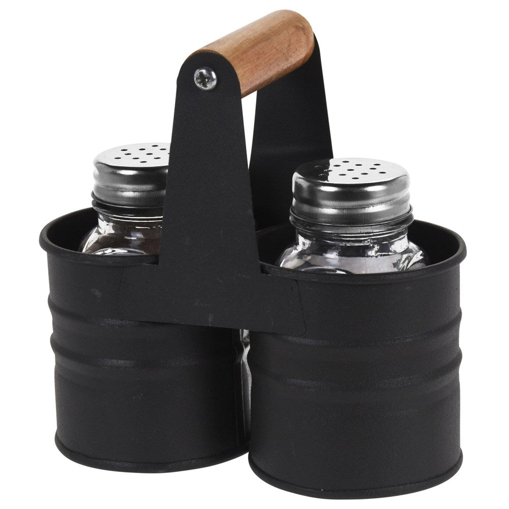 Glass salt and pepper shakers with metal stand and handle
