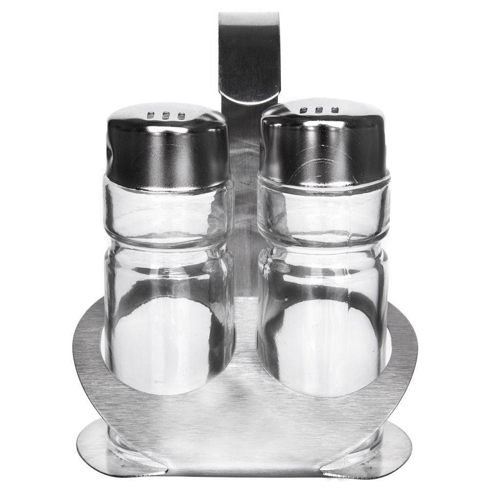 Glass salt and pepper shakers with steel stand and handle