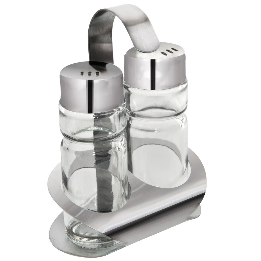 Glass salt and pepper shakers with steel stand and handle